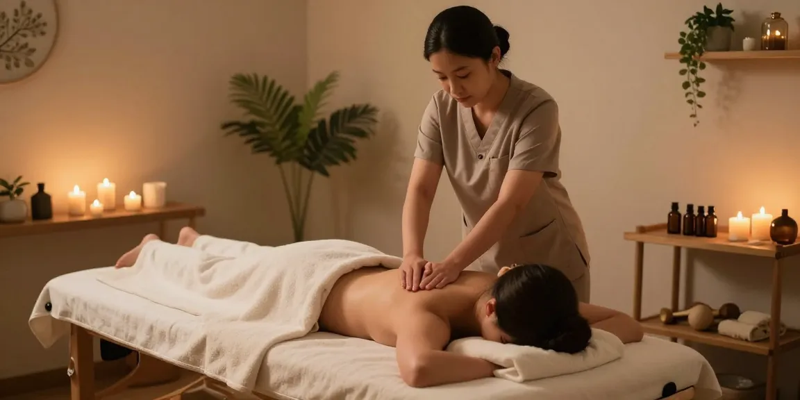 편안한 1인샵 환경에서 마사지를 받고 있는 모습, 자연 요소와 함께 아늑한 분위기 연출