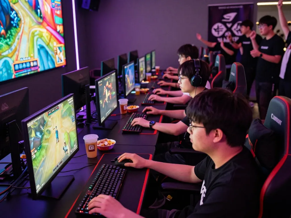 Players immersed in competitive gameplay with mantra88 application, vibrant gaming setup showcasing excitement and energy.