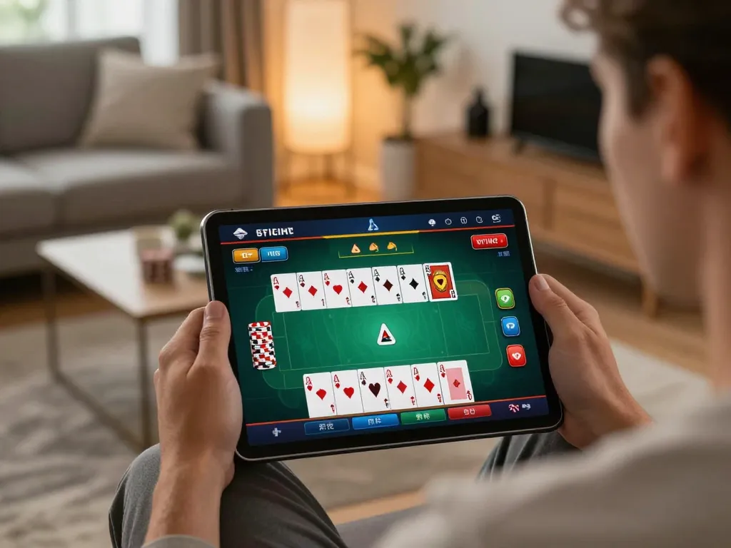 Player enjoying poker on a tablet at home, showcasing 98win9's online gaming features.