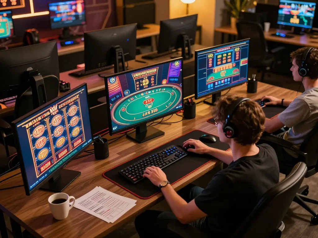 Player enjoying casino non aams europei games on multiple screens at home setup.