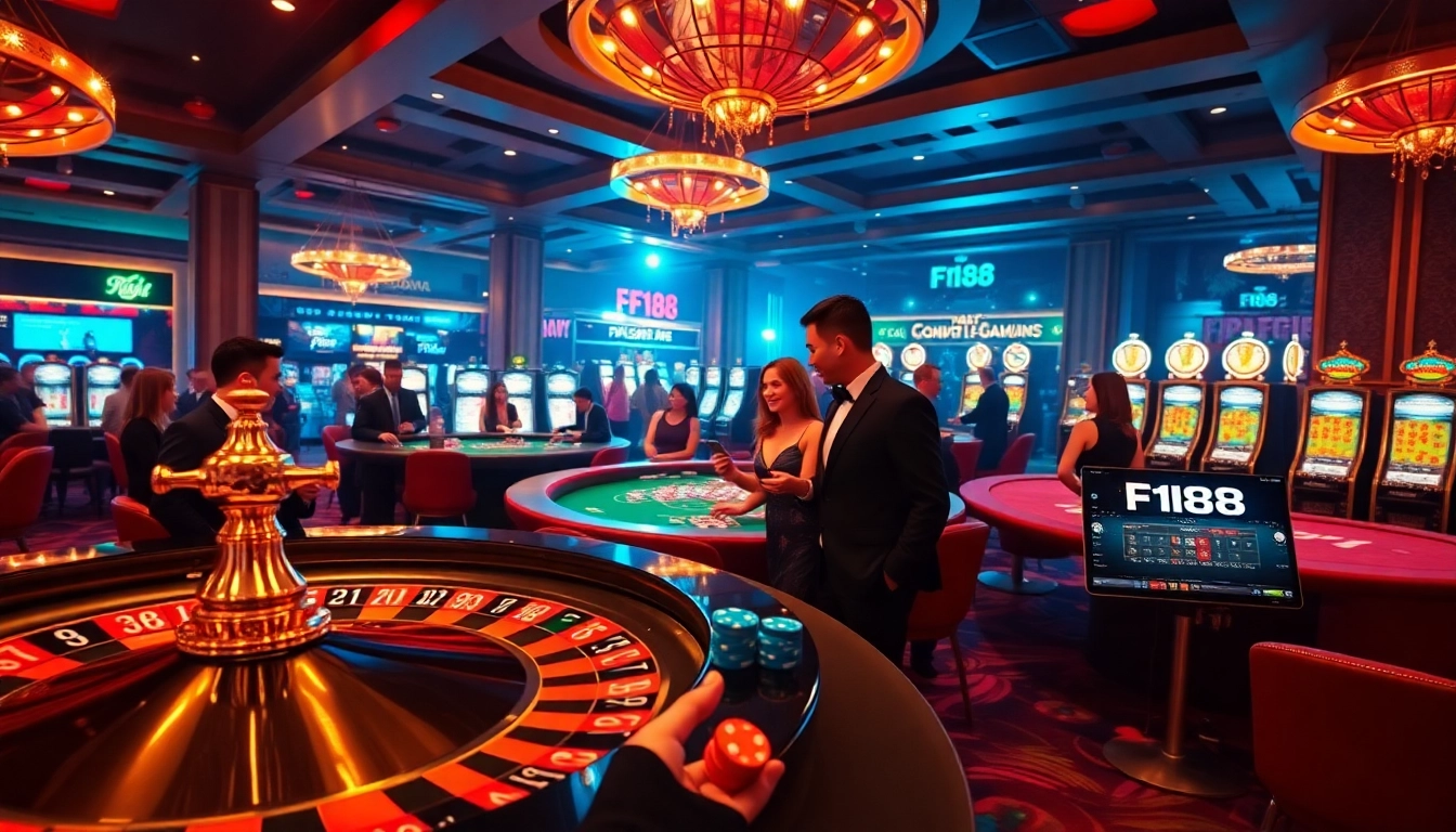 Experience thrilling F168 casino action with roulette, poker, and vibrant gaming atmosphere.