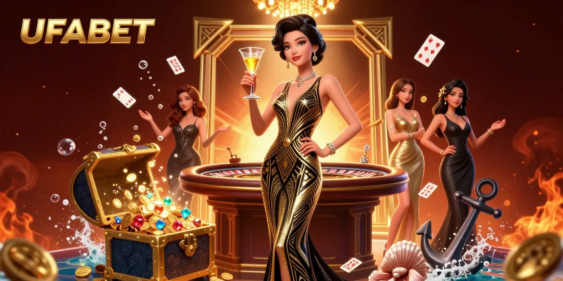 Immerse in UFABET's thrilling casino scene featuring an elegant woman amidst vibrant gaming elements and luxury ambiance.