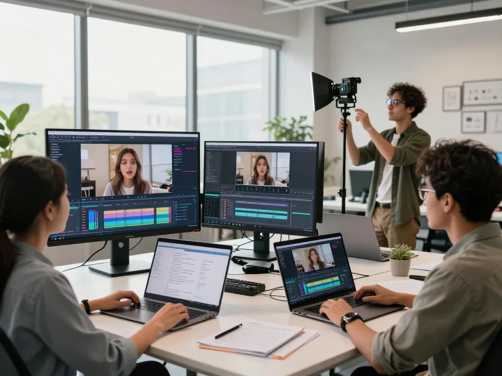 Creators collaborating on Seedance 2.0 AI video platform in modern office with screens and lighting equipment.
