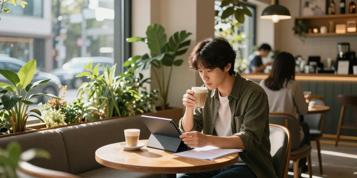 강남쩜오 멀리건 분위기에서 라떼를 즐기며 문서를 검토하는 장면
