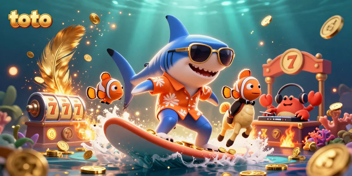 Surf thrilling toto slots with a shark, clownfish, and crab DJ in vibrant underwater scene