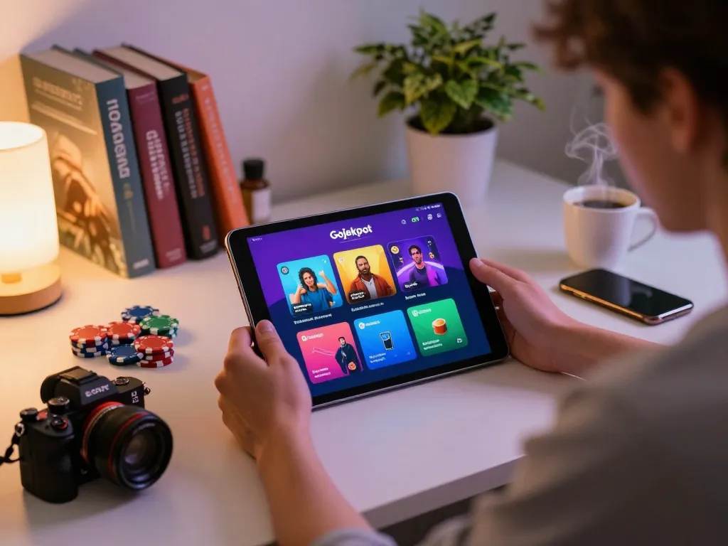 Player enjoying Gojekpot online gaming at home with vibrant app interface and cozy ambiance.