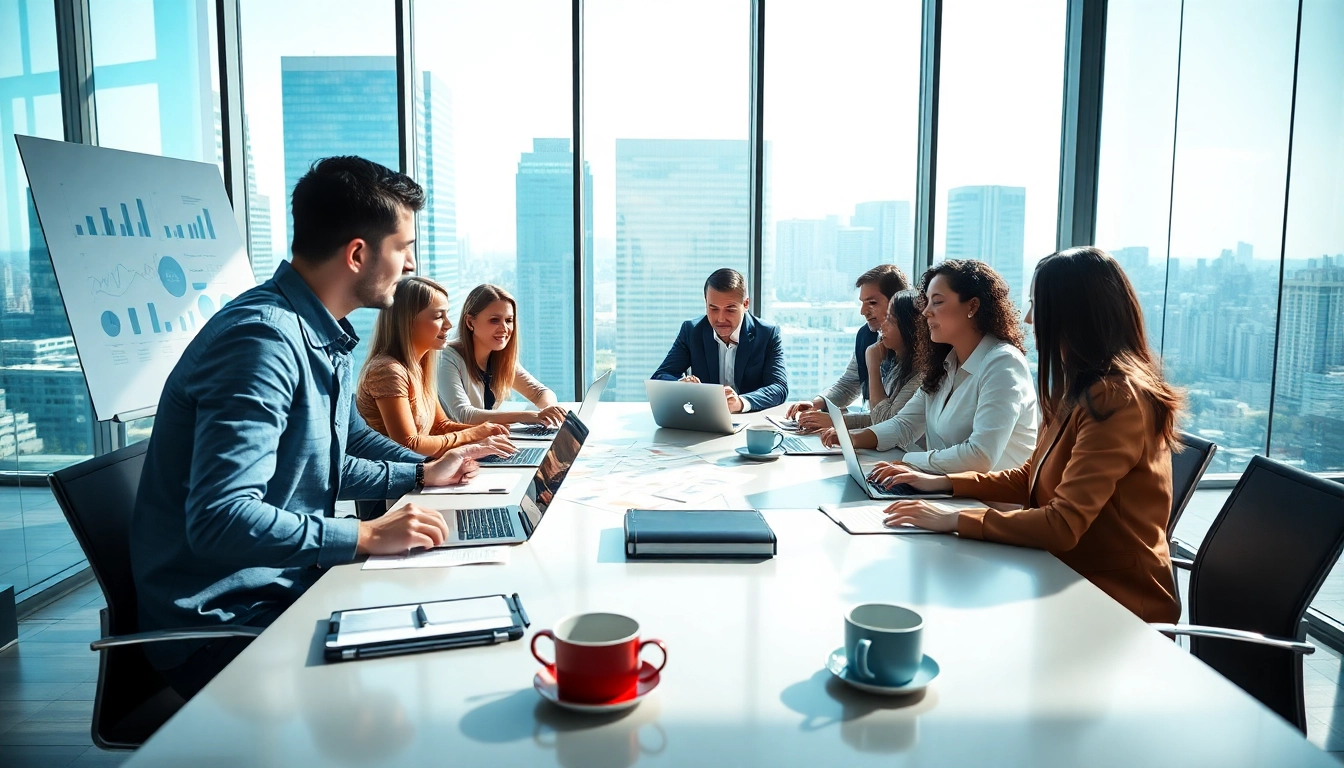Engaged entrepreneurs discussing business for sale opportunities in a bright office.