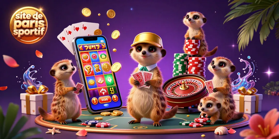 Les suricates gérant un site de paris sportif dans un casino animé, avec des éléments de jeu colorés.