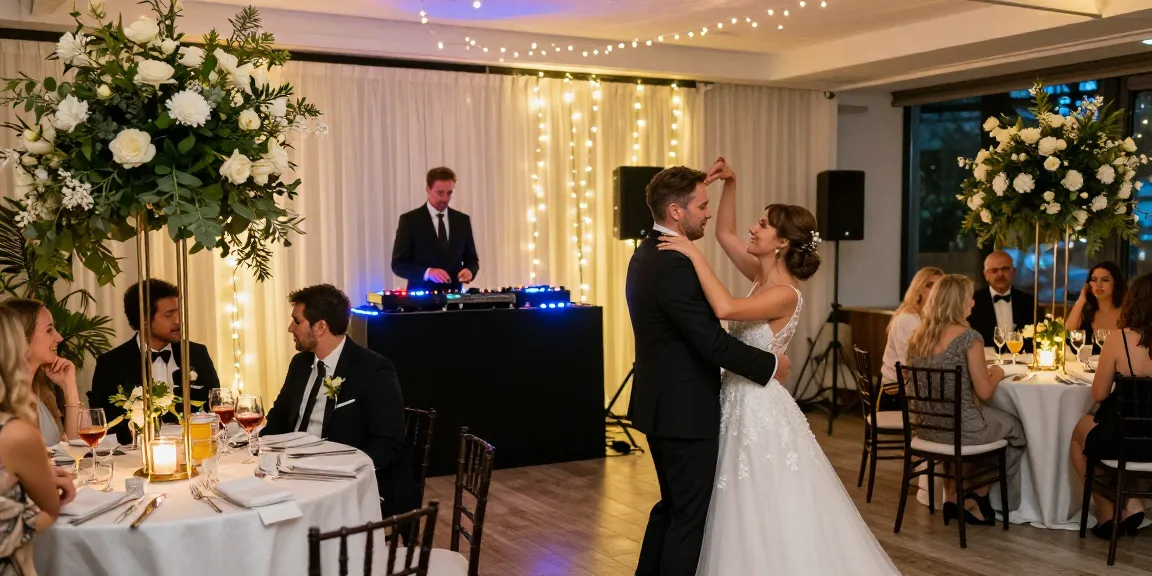 Hochzeit DJ Berlin während einer eleganten Hochzeitsfeier mit tanzendem Paar und festlicher Dekoration.
