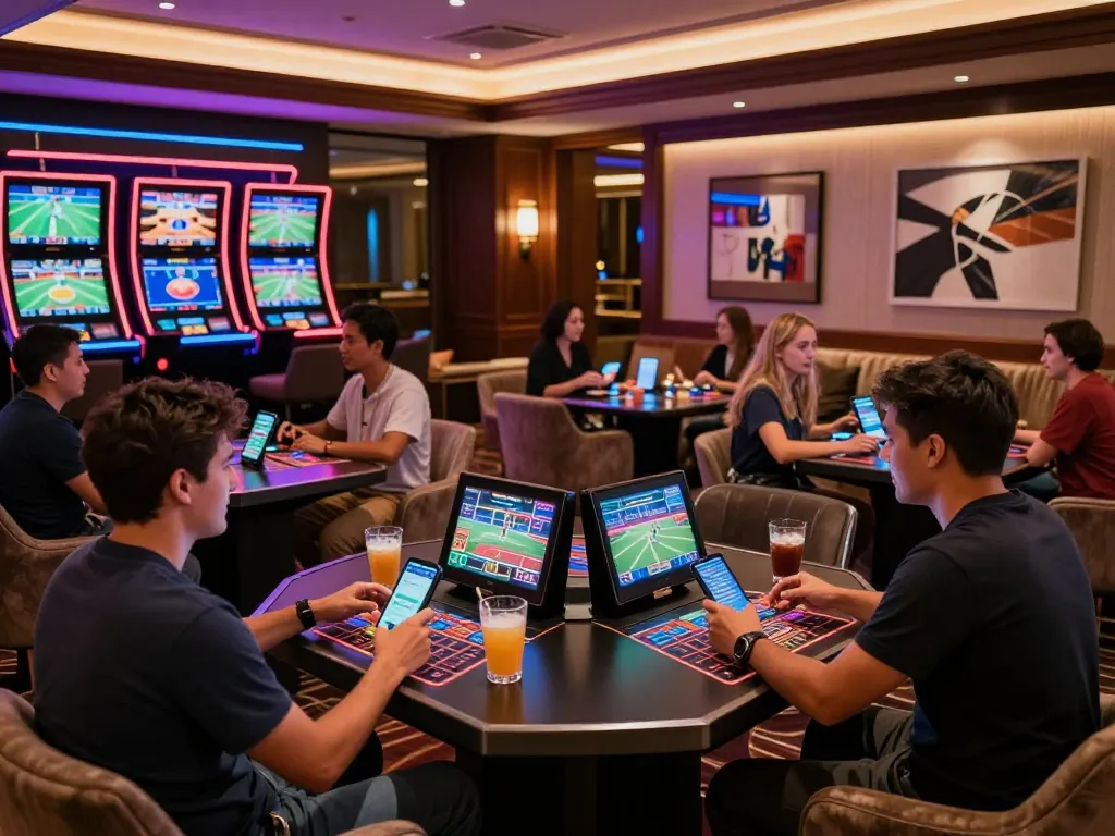 TV88 patrons engaged in exciting sports betting at upscale lounge with live screens