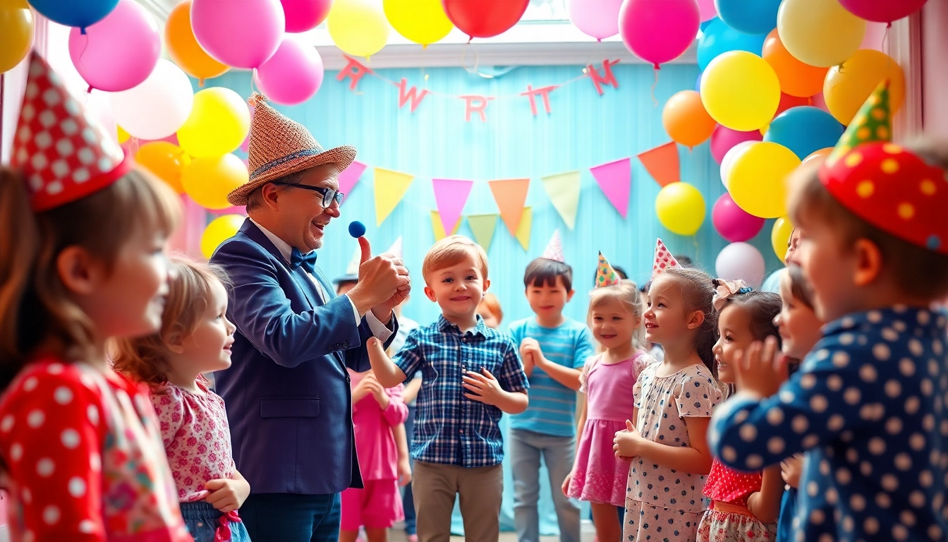 Children captivated by birthday party entertainers showcasing magic and fun acts.