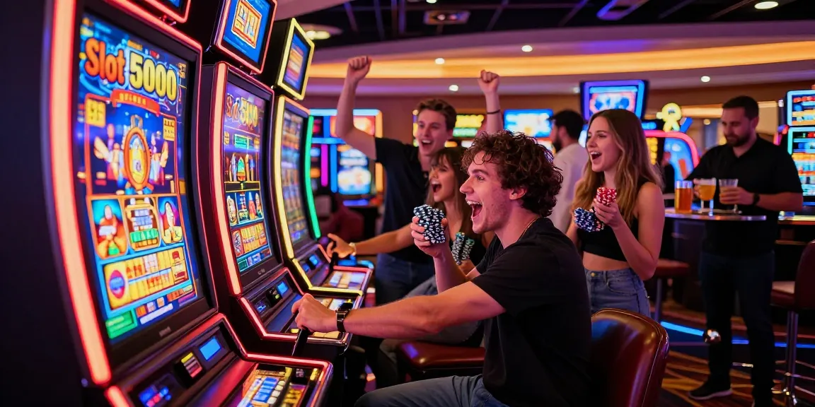 Experience the excitement of the Slot 5000 machine as players celebrate big wins in a lively casino.