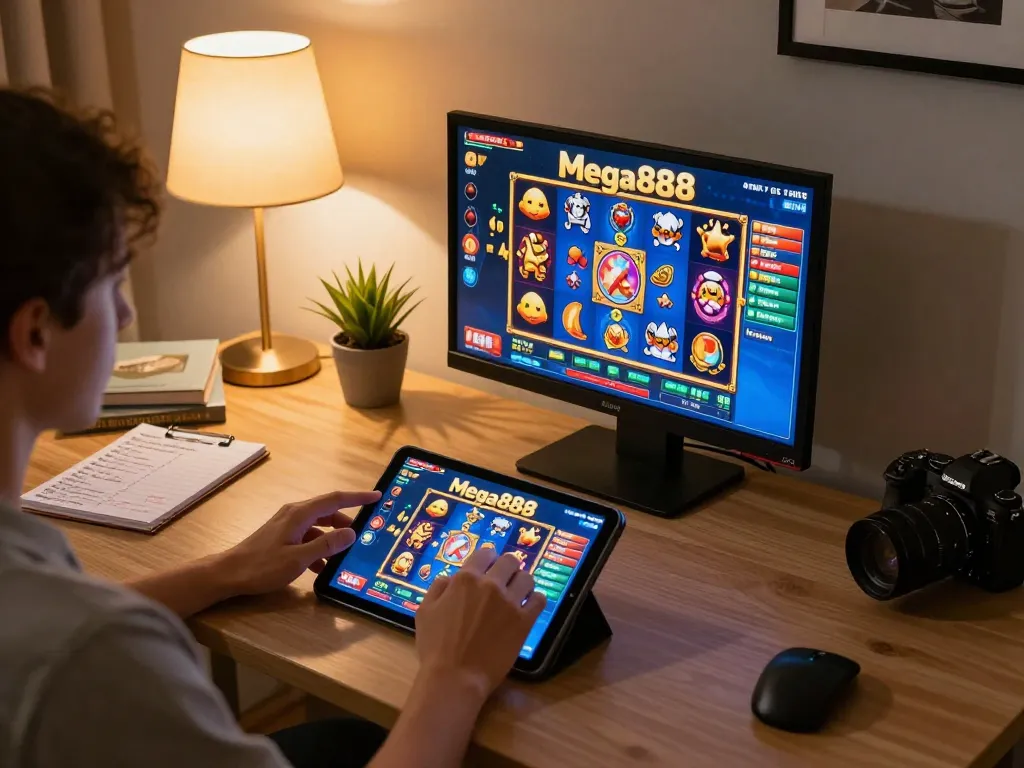 Mega888 gaming on tablet highlights engaging gameplay and strategic focus in a stylish home setting.