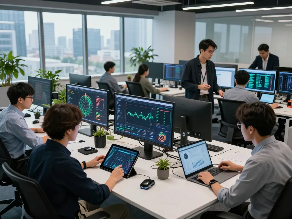 Diverse team collaborating at a digital asset mining platform workspace, analyzing blockchain data in a modern environment.