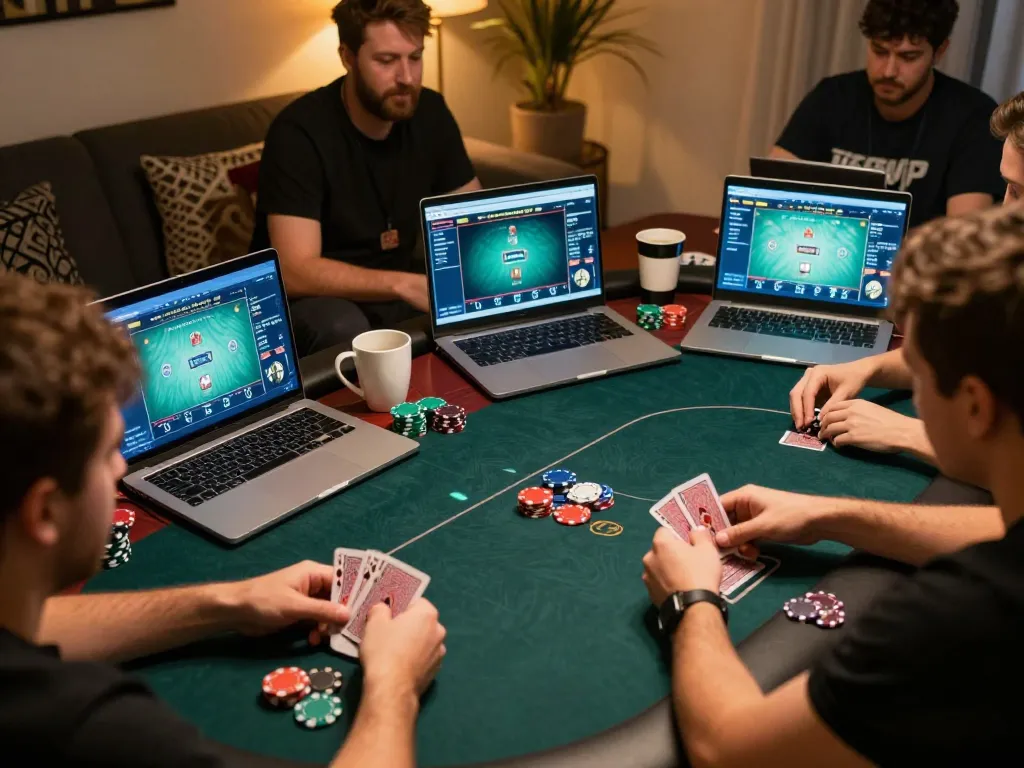 Players strategizing their next move on the F168VIP online poker platform during a lively home game