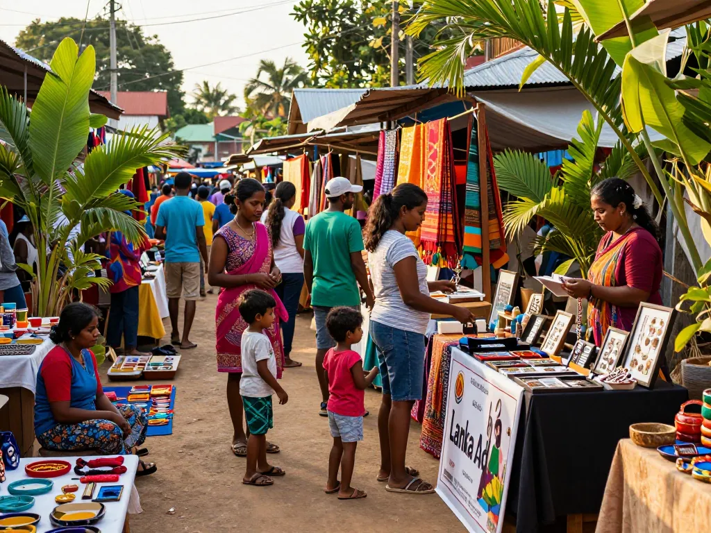 Community members exploring local crafts and Lanka Ads in bustling marketplace.