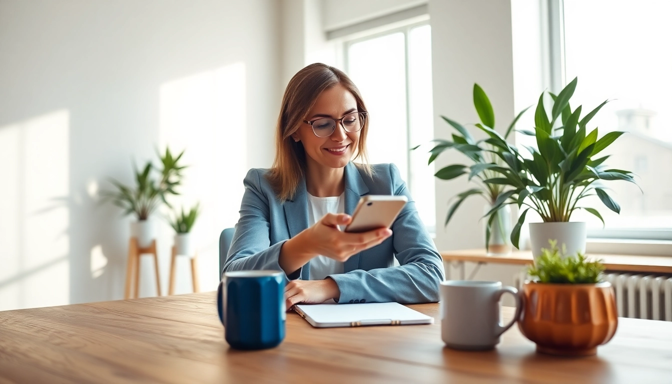 インスタ フォロワー 購入で解析するスマートフォンを持つプロフェッショナルな女性