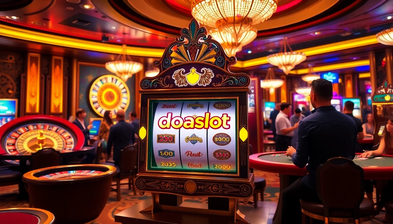 Exciting scene of a doaslot-themed casino with players at slot machines and roulette tables.