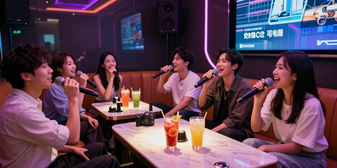 강남가라오케의 고급스러운 노래방에서 즐거운 커플이 함께 노래를 부르는 장면