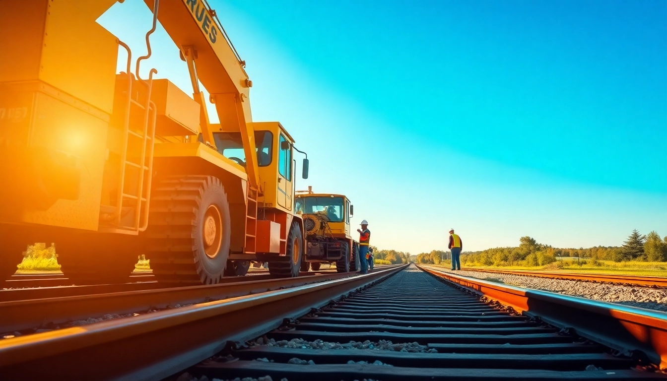 Railroad Track Construction Company working efficiently with machinery and skilled workers at a construction site.