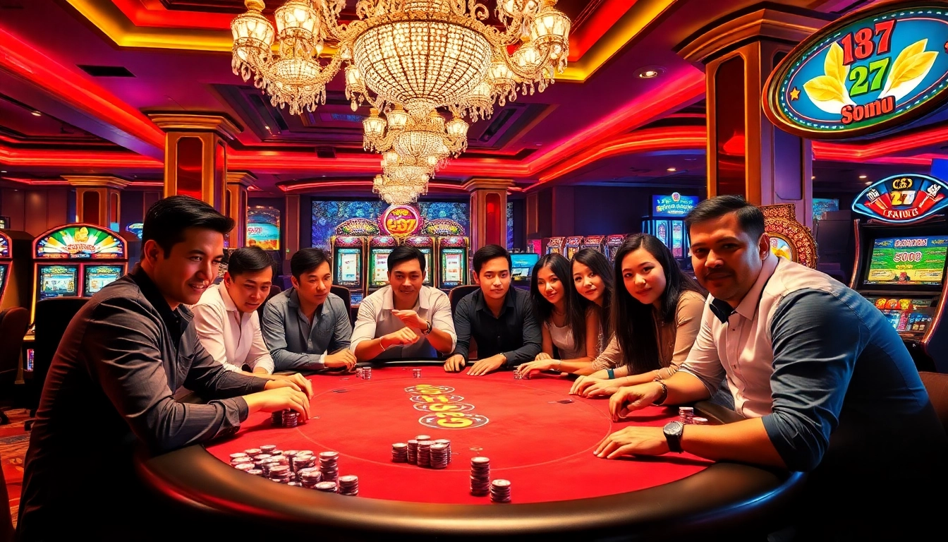 Players intensely enjoying a game bài at a luxurious casino table surrounded by vibrant gaming elements.