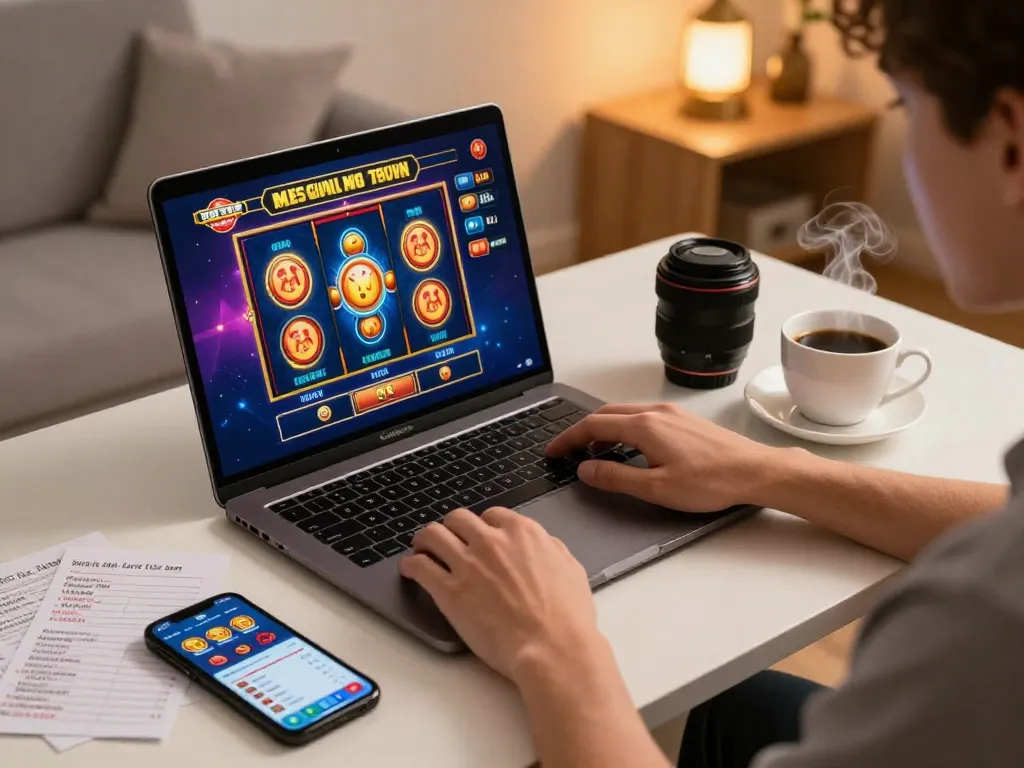 Engaging in a thrilling toto slot game online, showcasing a modern gaming setup with warm lighting.