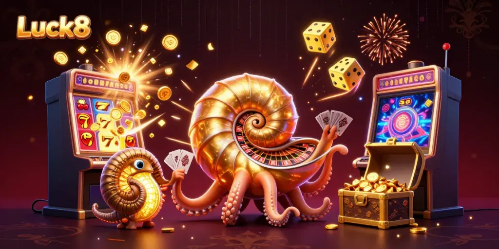 Engage with Luck8's dynamic casino scene featuring a giant nautilus roulette wheel and jackpot explosion.