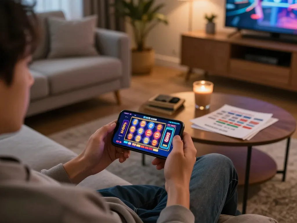 Engaged player using lc88..com on smartphone for an exciting online gambling experience at home.