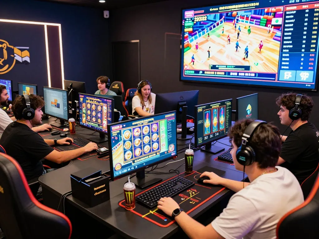 Engaging online gambling scene with Ligasedayu players enjoying slot games in a vibrant environment.