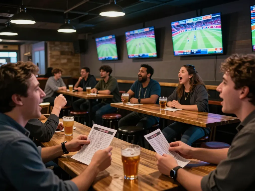 Engaged sports fans at https://cakhiatv.design/ cheering and analyzing bets in lively atmosphere.