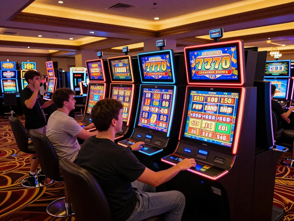 Players engaging with vibrant slot777 machines, showcasing excitement in a bustling casino atmosphere.
