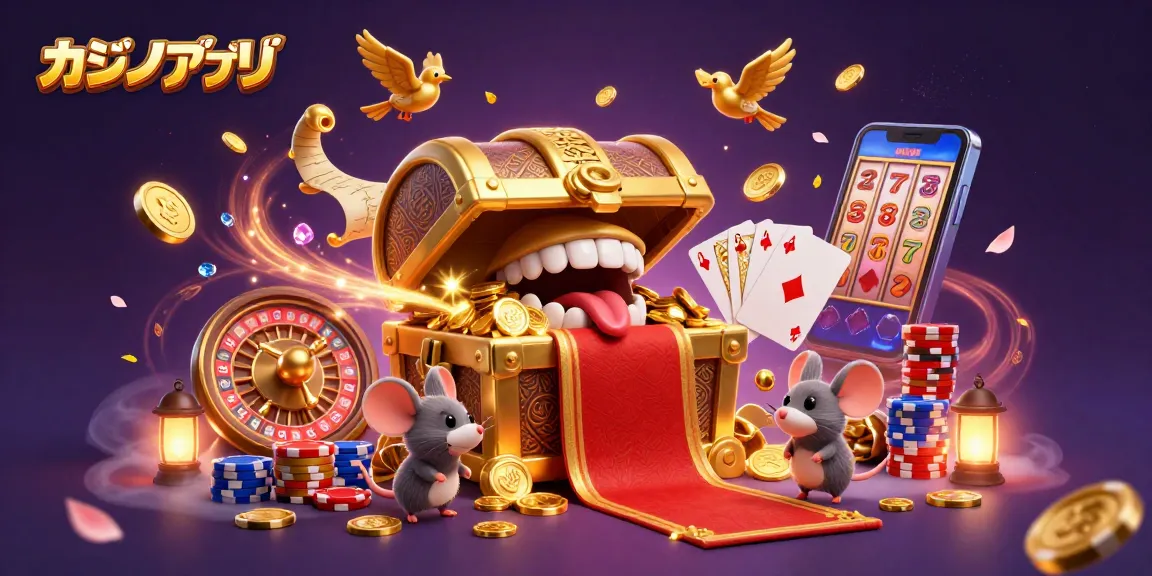 カジノアプリで冒険者マウスを魅了する金色の宝箱のイラスト。