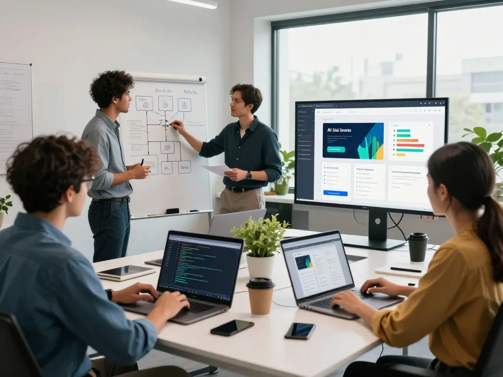 Team collaboration on an innovative ai website builder in a modern workspace.