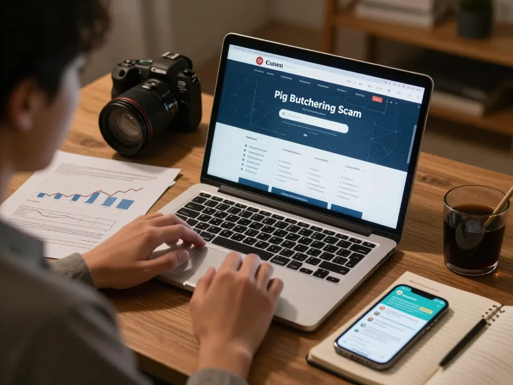 Person engaged with a laptop on cryptocurrency investments highlighting the dangers of Pig Butchering Scam.