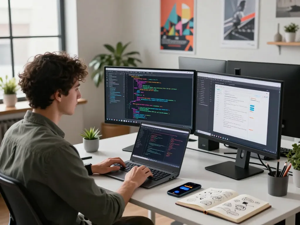 Developer using molt bot in a modern tech workspace with dual screens showing code and design.