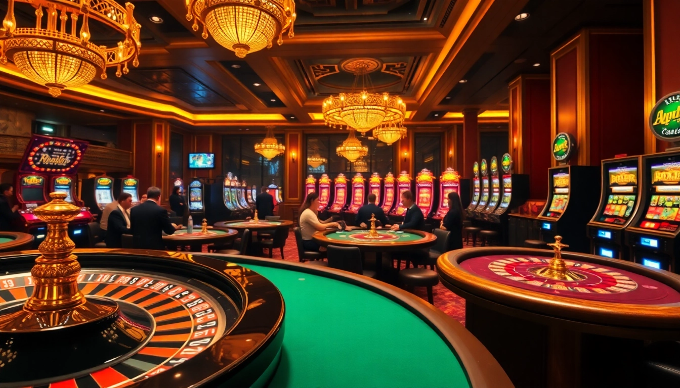 Exciting gaming moment at https://nohu90pa.com with luxurious poker tables and vibrant slot machines.