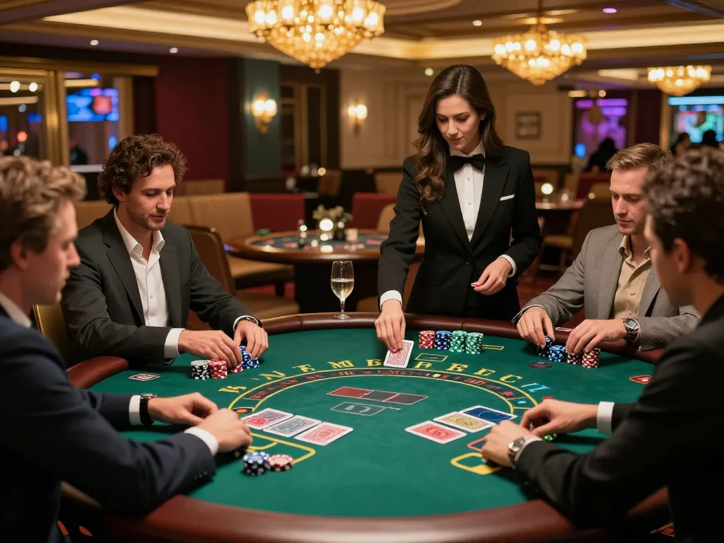Players enjoying a strategic game of blackjack at 23win's luxurious casino table