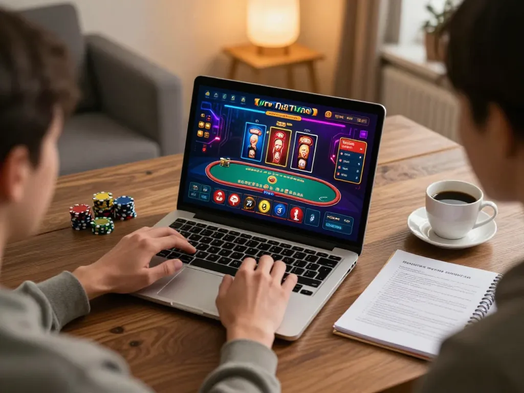 Engaging in online gaming at home with TR88, showcasing a cozy setup and vibrant casino interface.
