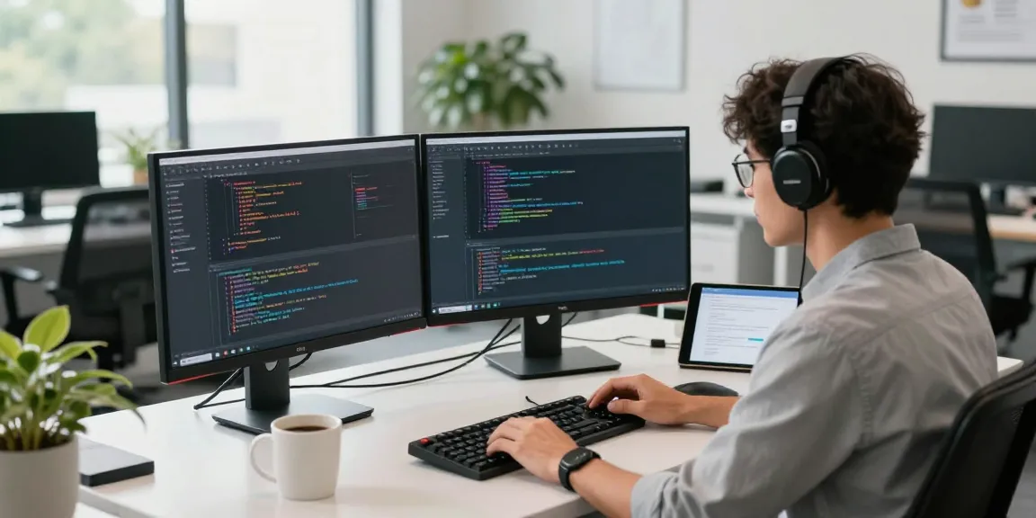 Developer coding in the 纸飞机中文版 app at a modern workspace, showcasing productivity tools.