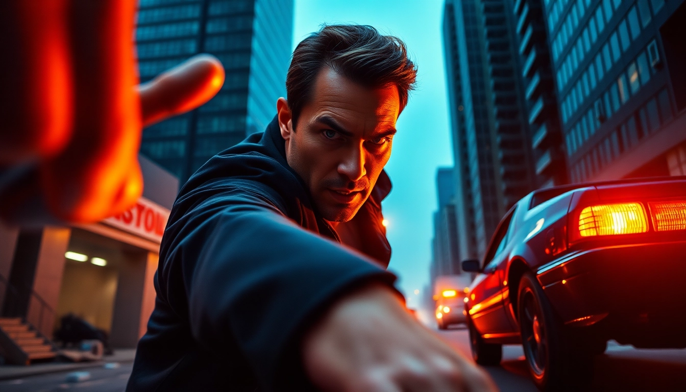 Action-packed thriller scene with a heroic lead in a dramatic urban confrontation.