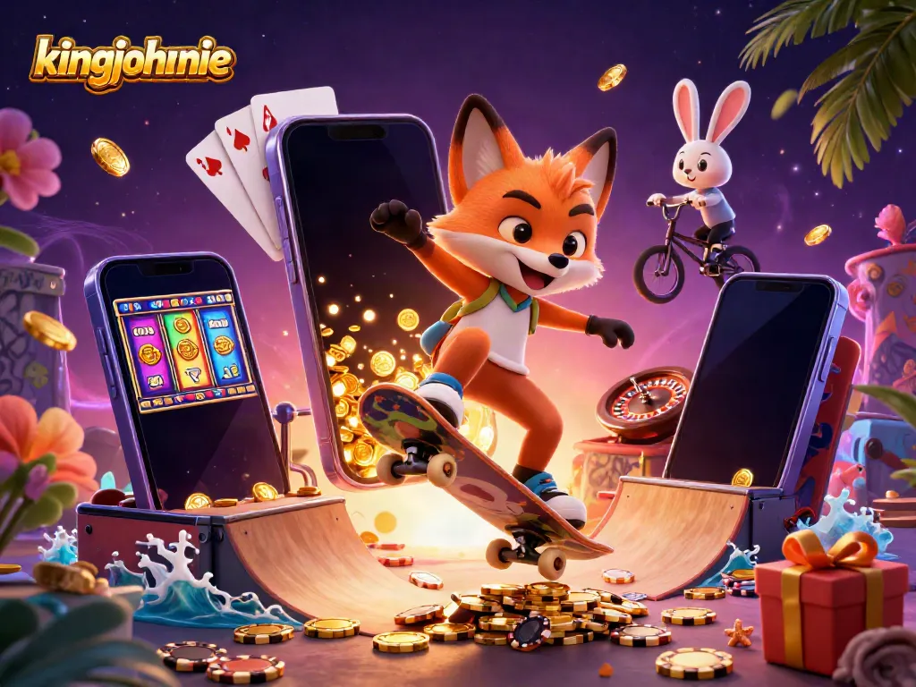 Join the action with kingjohnnie's vibrant casino scene featuring a skateboarder fox and BMX rabbit.