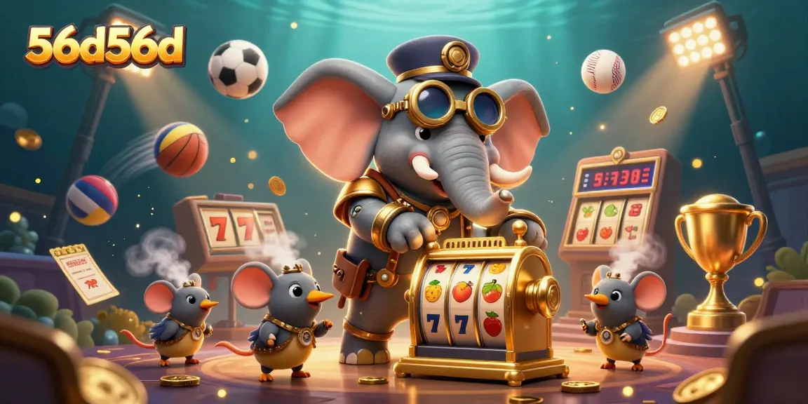 Gire os rolos no slot de 56d56d com um elefante engenheiro e elementos de esportes.