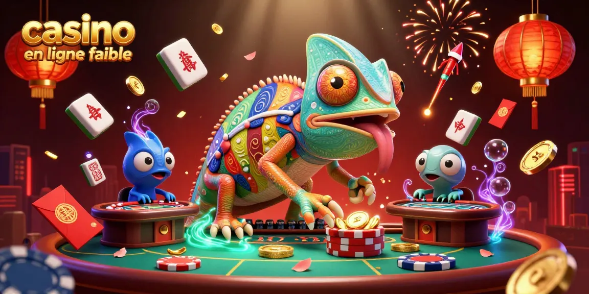 Découvrez notre scène de casino en ligne fiable où un caméléon géant attrape des pièces d'or dans une ambiance festive