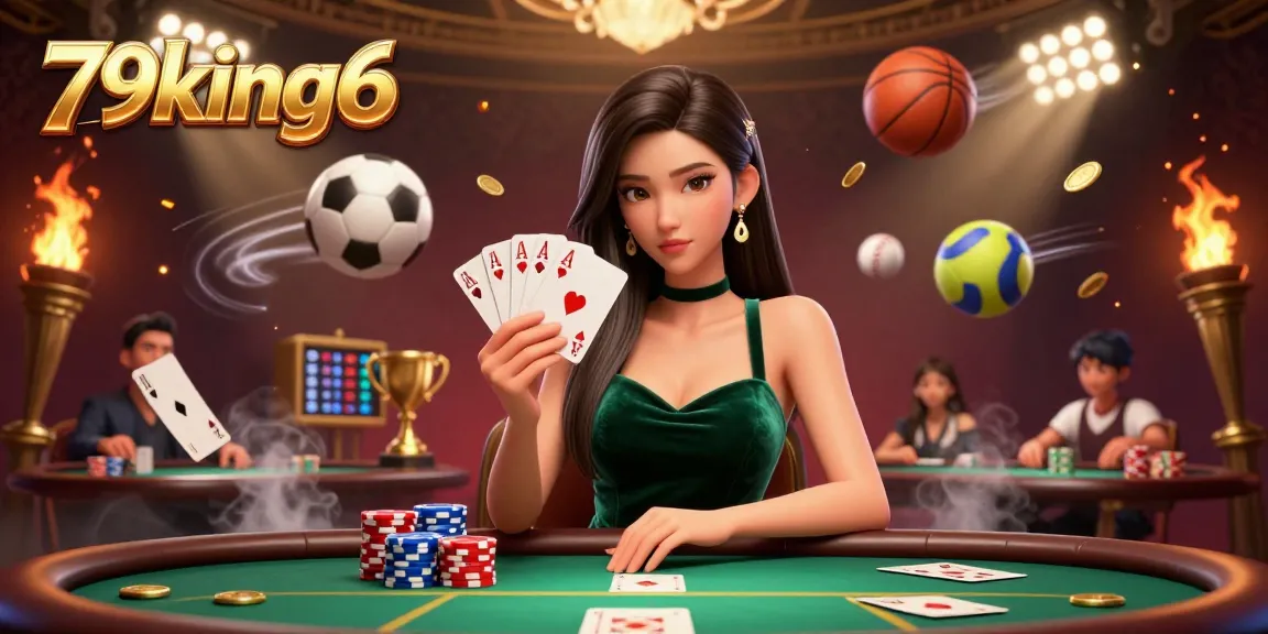 Engage in major poker strategies at 79king6, featuring a stylish Asian woman at a luxury poker table with vibrant action.