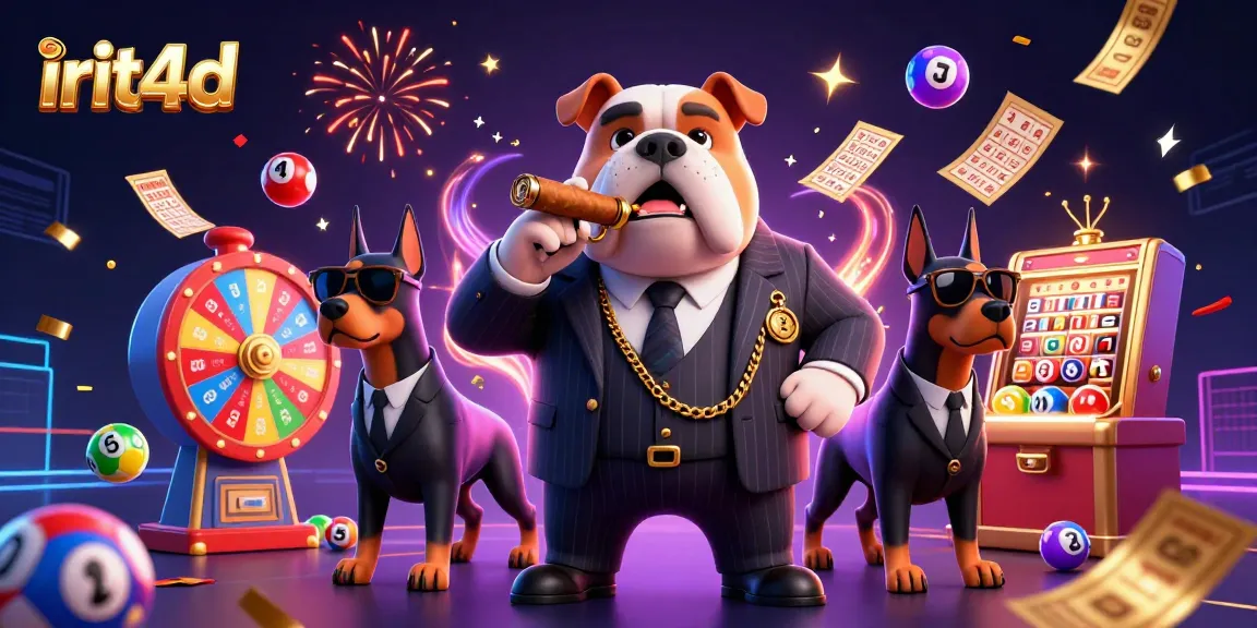 Experience thrilling excitement with irit4d as a mafia bulldog character presides over lottery games amidst vibrant elements.