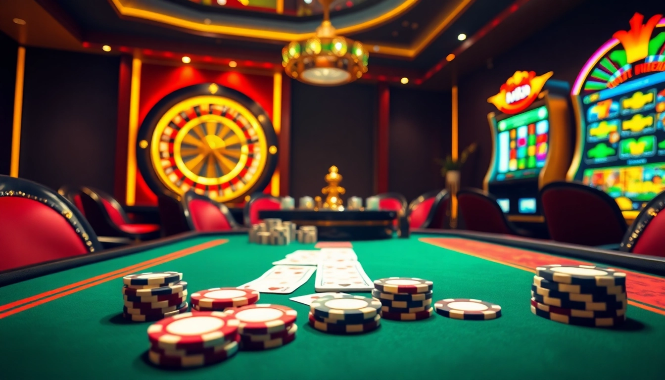 Engage in thrilling casino gameplay at QQ88 with vibrant poker chips and a roulette wheel.