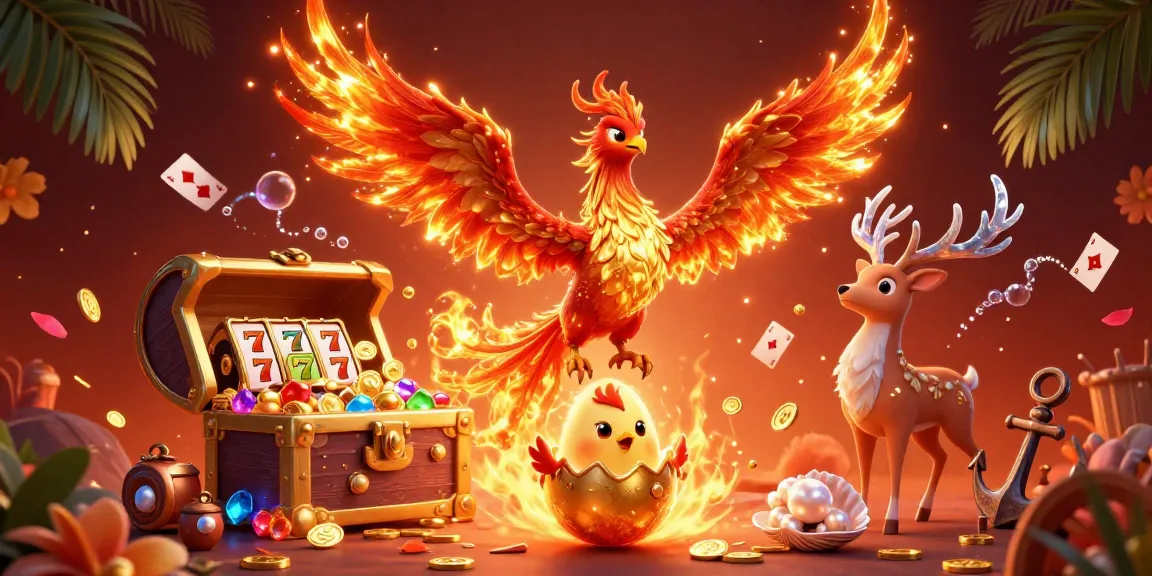 Jouez au casino en ligne avec une illustration dynamique de machines à sous et un phoenix flamboyant.