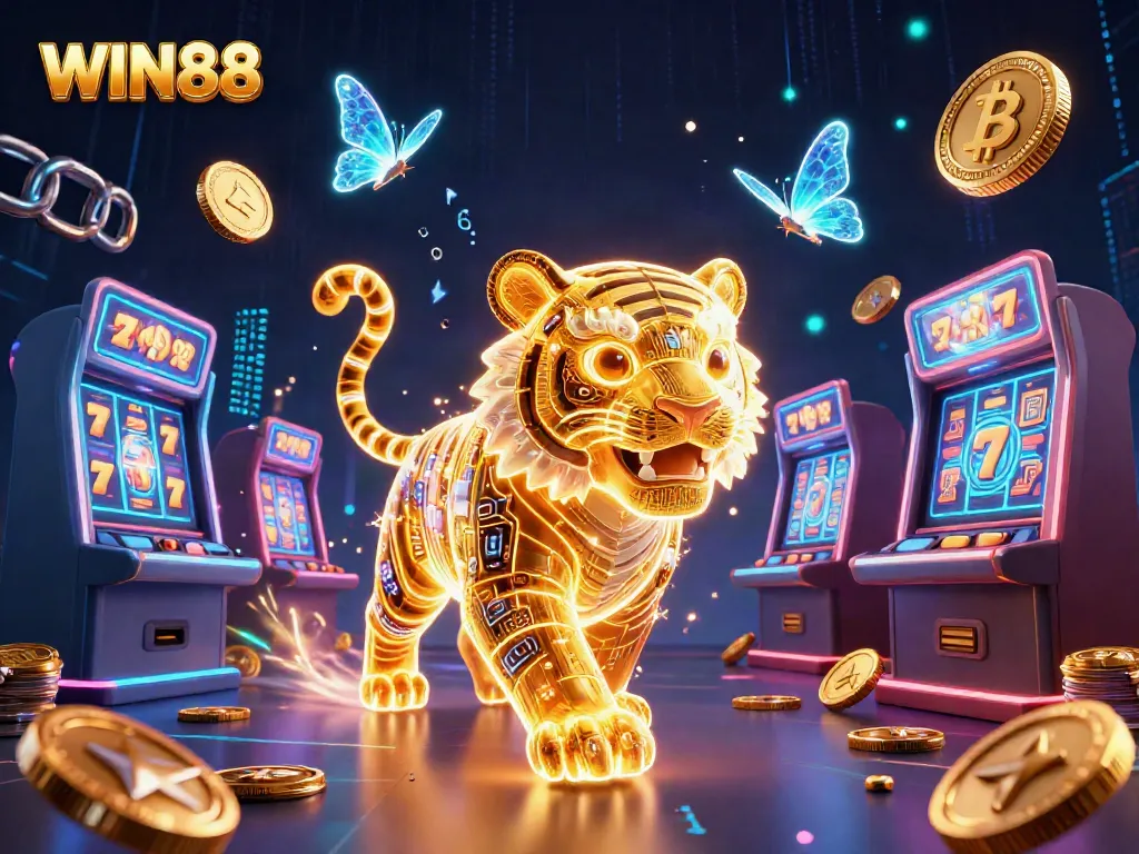 Experience thrilling wins at WIN88's vibrant casino scene with a neon-wireframe tiger.