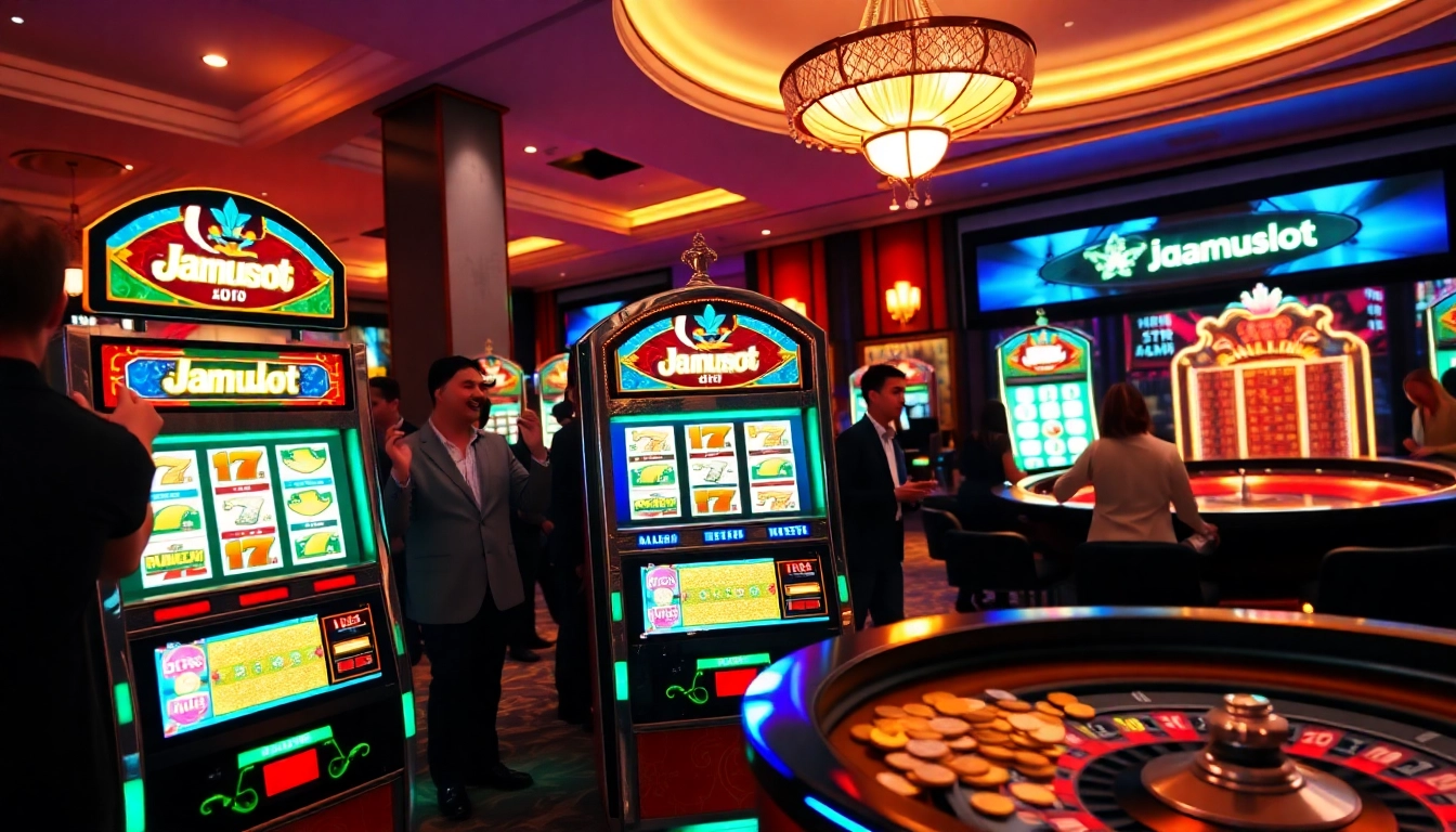 Jamuxlot players celebrating a big win at vibrant slot machines in a luxurious casino.