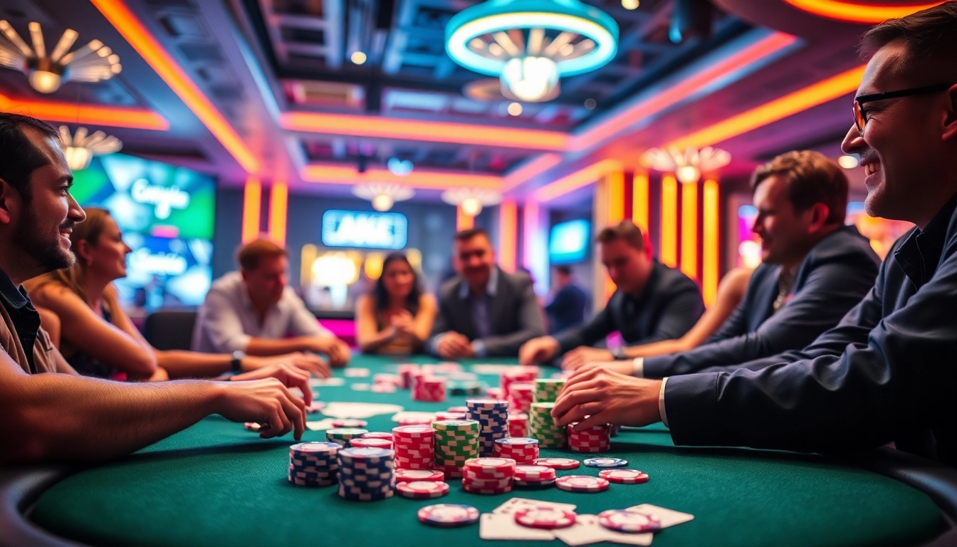 Bermain pg bet di meja poker yang ramai, dengan pencahayaan neon yang cerah dan suasana energik.